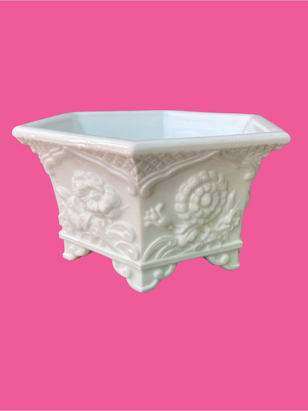 Vintage Rare Fenton White Milk Glass Floral Design Hexagon Footed Bowl/Planter